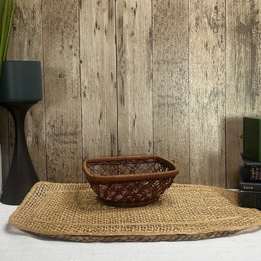Vintage Woven Wicker Basket | Rustic Farmhouse Catchall Tray | Boho Home Decor